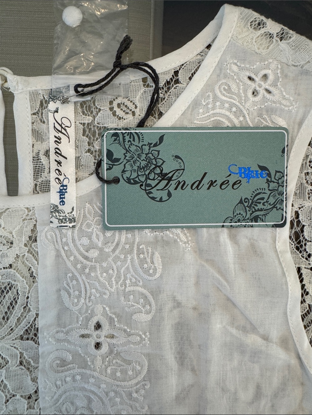 Andrée Blue White Lace Sleeveless Tank Top Size L NWT